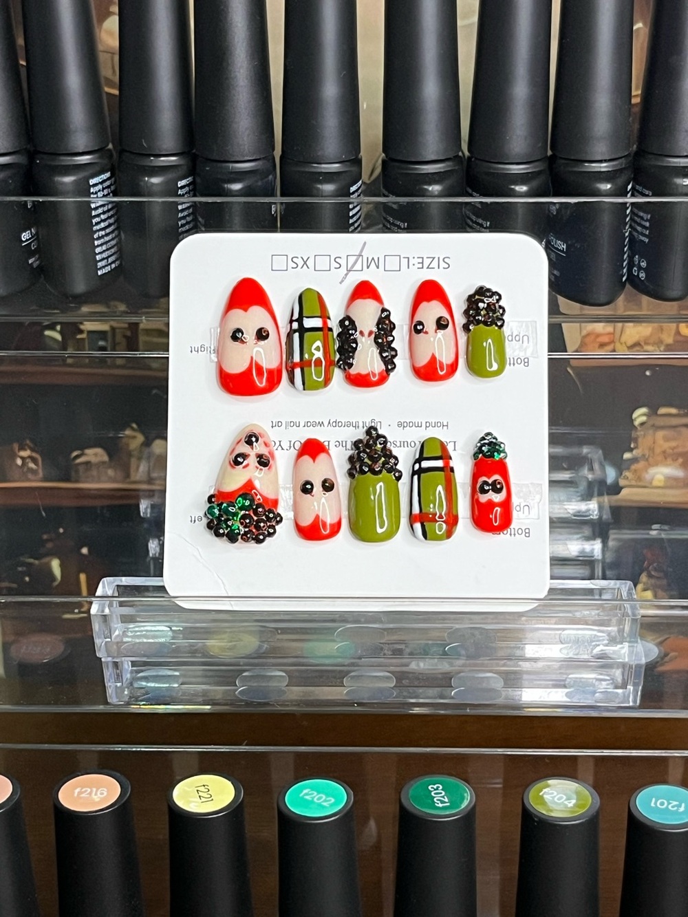 Press-On Nails Apple fruit Red & Olive Green rhinestone embellished